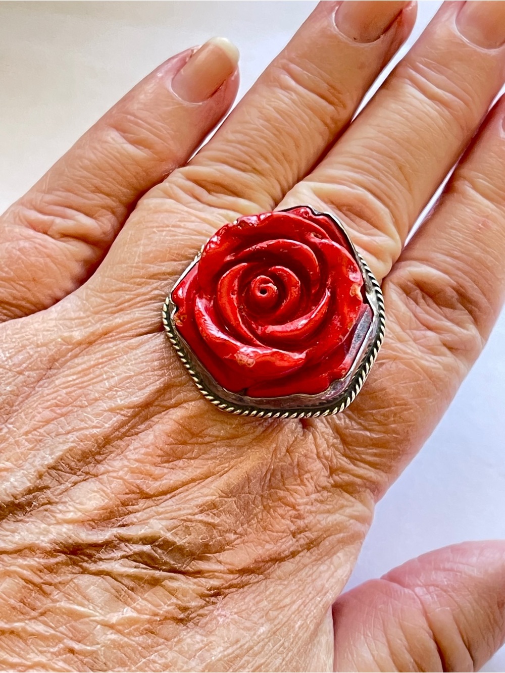 Vintage Signed Paige Williams Large Carved Red Coral Southwestern Rose Ring 17.8